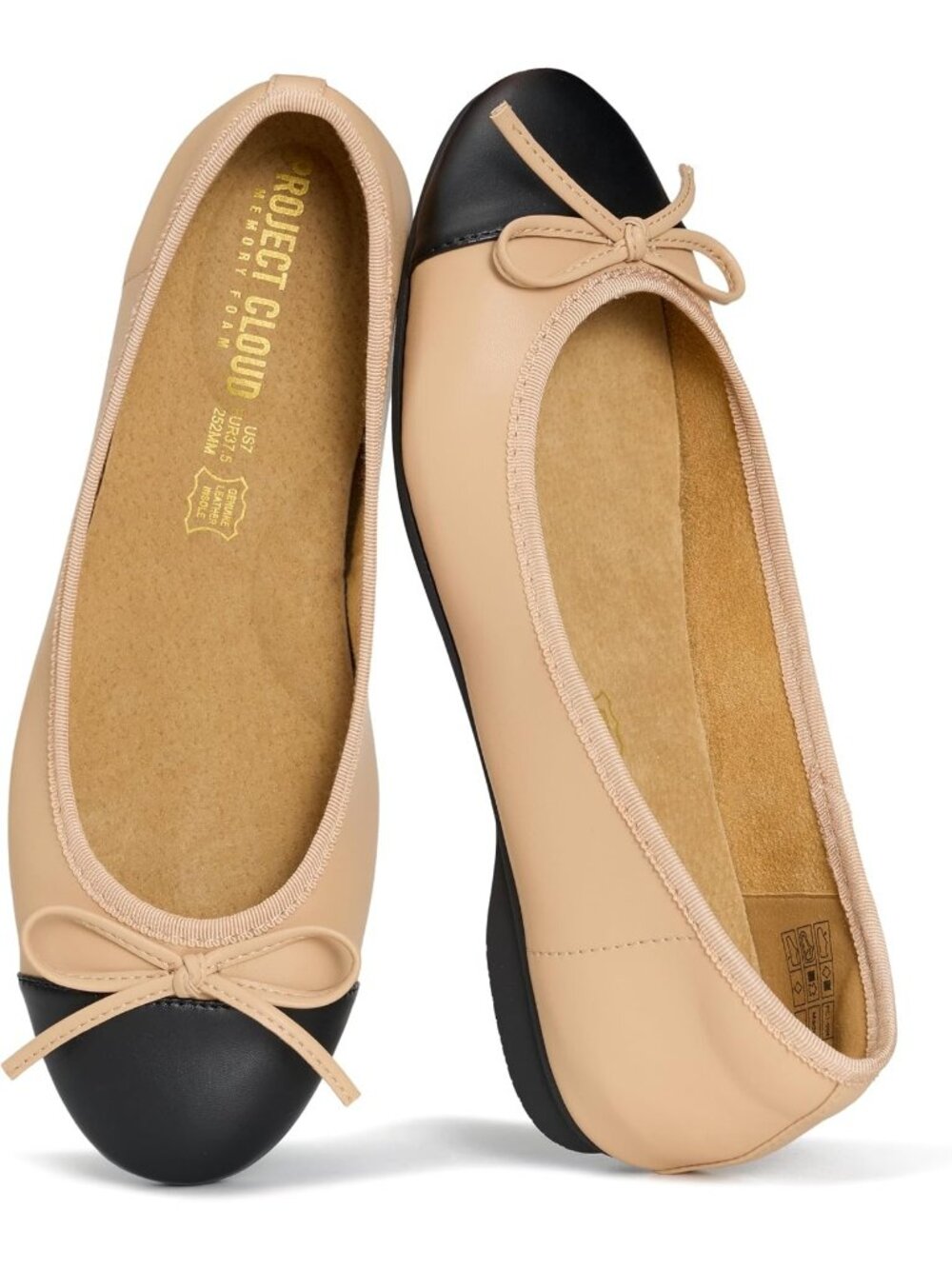 Women's Nude And Black Genuine Leather Ballet Lightweight Mary Jane Flat Shoes